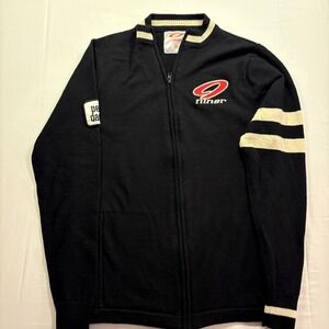 Niner Zip Up Bomber Style Sweater Jacket Black Cream Stripe Patch M